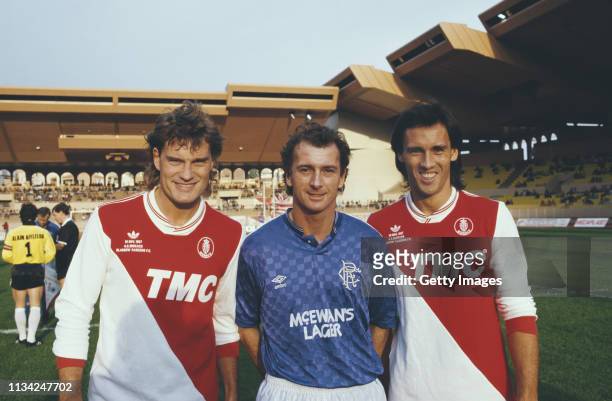 British Footballers Glenn Hoddle and Mark Hateley of AS Monaco pictured with Rangers striker Trevor Francis before a match at Stade Louis II stadium...