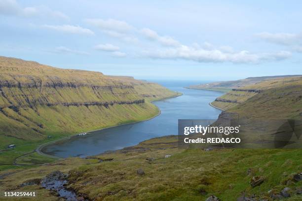 Fjord Kaldbasksfjorour on the Island of Stremoy. Faroe Islands. Denmark. Scandinavia. Europe.