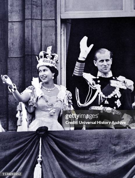 The coronation of Elizabeth II of the United Kingdom. Took place on 2 June 1953 at Westminster Abbey. London. Queen Elizabeth II. With the Duke of...