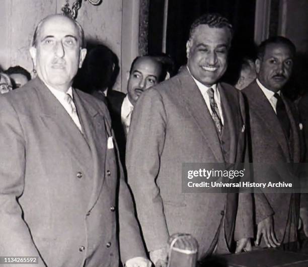 Gamal Abdel-Nasser and Shukri al-Quwatli. Meet to inaugurate the United Arab Republic. Syria-Egypt union pact. The United Arab Republic . Between...