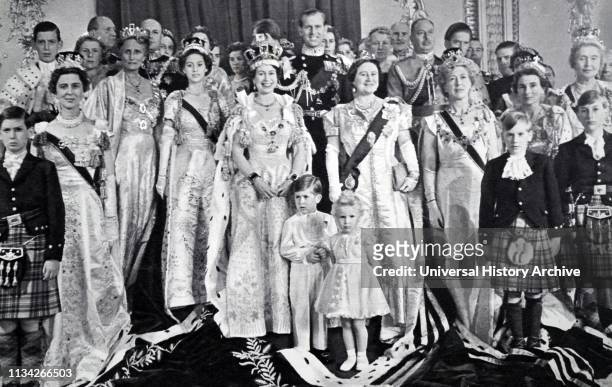 The coronation of Elizabeth II of the United Kingdom. Took place on 2 June 1953 at Westminster Abbey. London. Family group at Buckingham Palace....