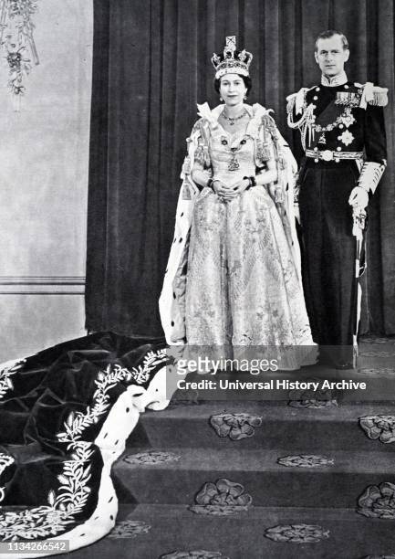 The coronation of Elizabeth II of the United Kingdom. Took place on 2 June 1953 at Westminster Abbey. London. Queen Elizabeth II. With the Duke of...