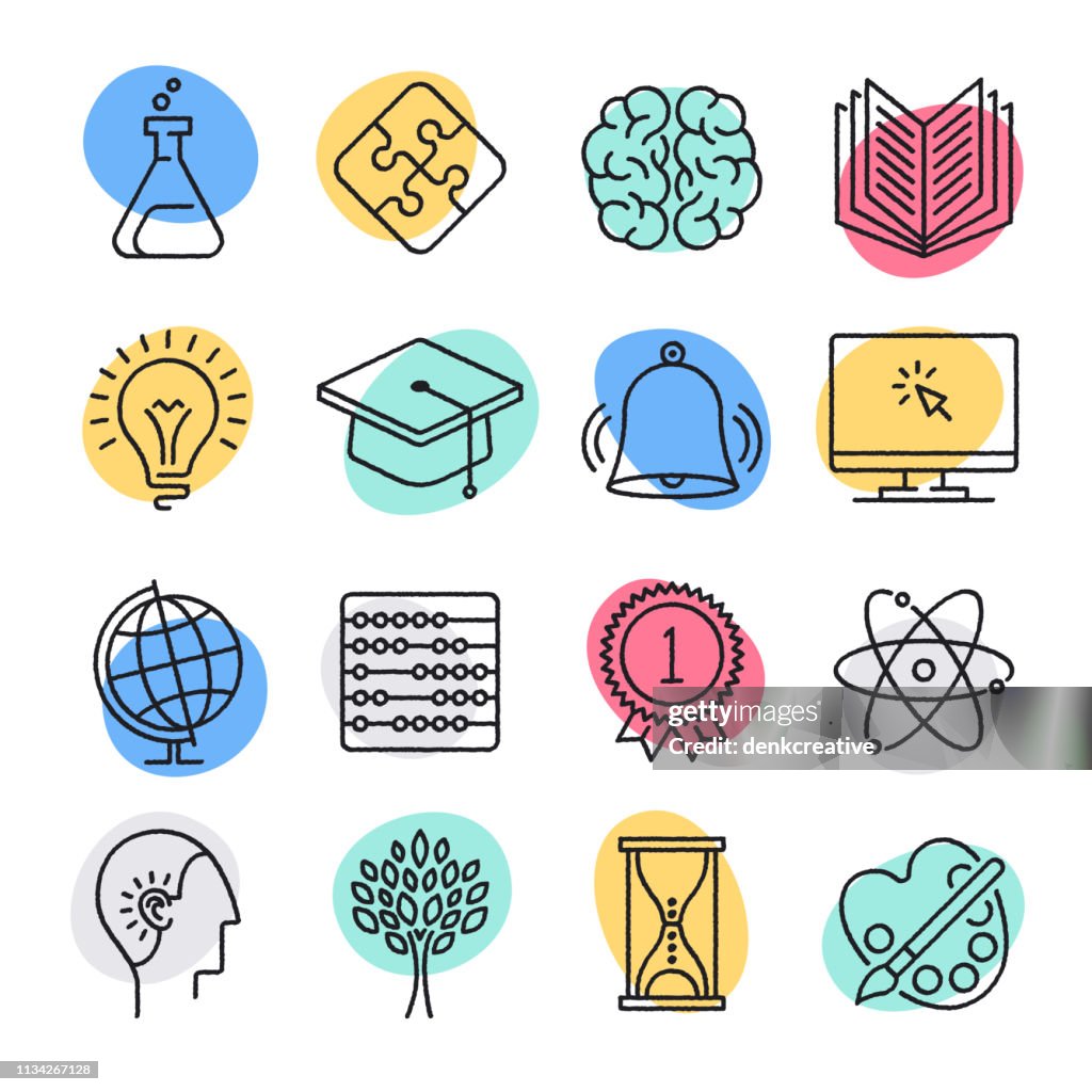 Set di icone vettoriali in stile doodle di insegnamento e ragionamento scientifico