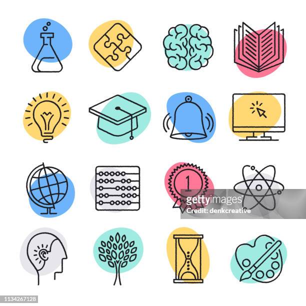 illustrazioni stock, clip art, cartoni animati e icone di tendenza di set di icone vettoriali in stile doodle di insegnamento e ragionamento scientifico - educazione