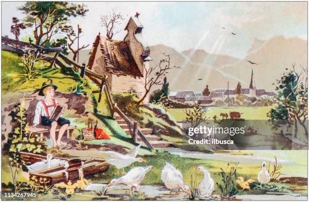 ilustraciones, imágenes clip art, dibujos animados e iconos de stock de ilustración de color antiguo del libro de los niños alemanes fábula - sol infantil