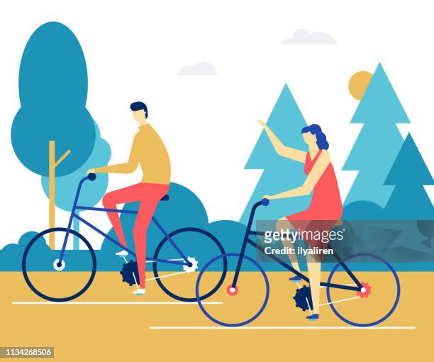 Couple cycling - flat design style colorful illustration