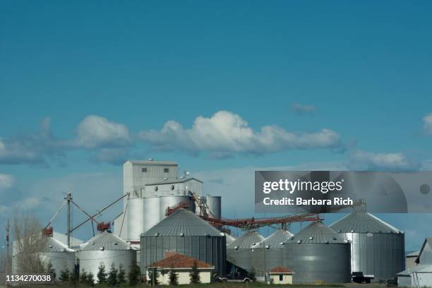 agricultural rice processing facility against a blue clouded sky in butte county california - food processing plant exterior stock pictures, royalty-free photos & images