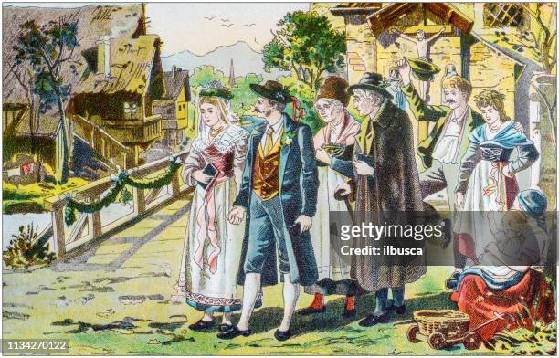 antique color illustration from german children fable book - fairytale wedding stock illustrations