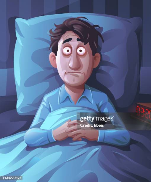 stockillustraties, clipart, cartoons en iconen met slapeloze jonge man - slapeloosheid