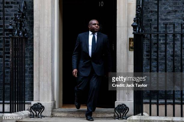 Labour politician David Lammy leaves Number 10 Downing Street on April 1, 2019 in London, England. British Prime Minister Theresa May hosts summit on...