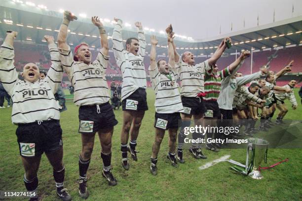 Brive players celebrate victory with a Mexican wave after the 1997 Heineken Cup Final against Leicester at Cardiff Arms Park on January 25, 1997 in...