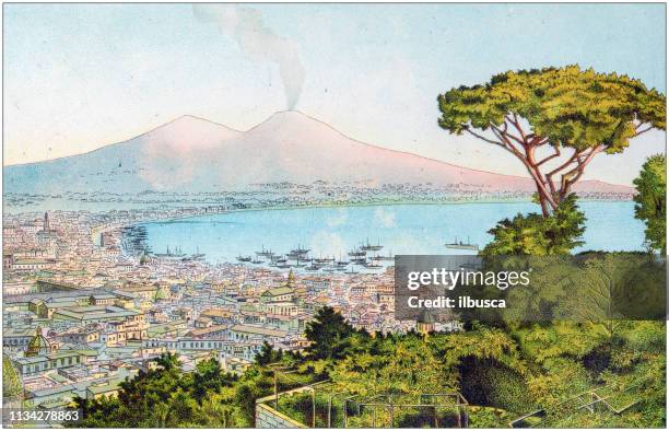 antique color illustration from german children fable book: naples - gulf of naples stock illustrations