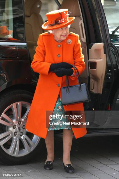 Queen Elizabeth II arrives at the Science Museum on March 07, 2019 in London, England.