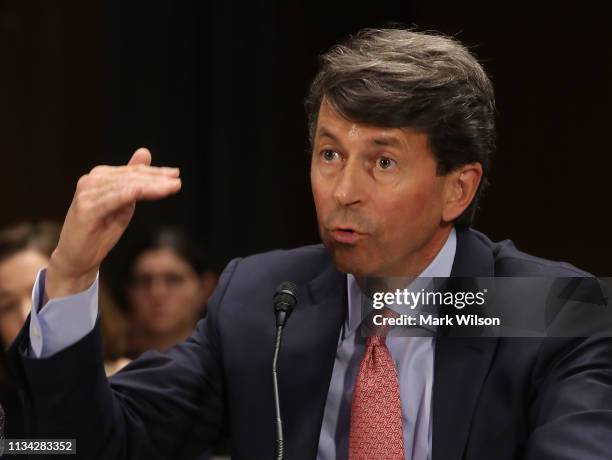 Mark Begor, CEO of Equifax, testifies during a Senate Homeland Security and Governmental Affairs Subcommittee hearing on Capitol Hill, March 7, 2019...