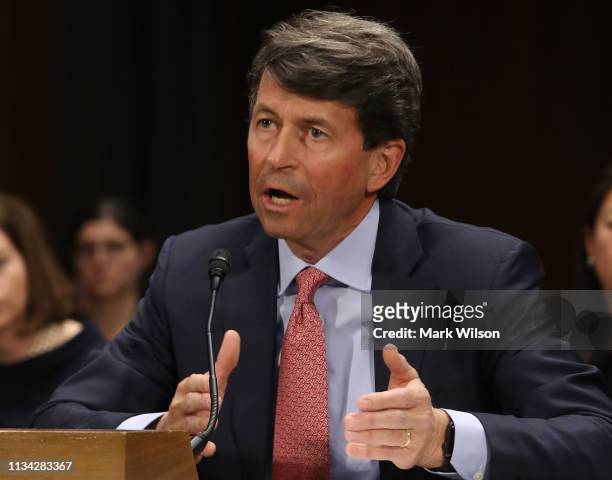Mark Begor, CEO of Equifax, testifies during a Senate Homeland Security and Governmental Affairs Subcommittee hearing on Capitol Hill, March 7, 2019...
