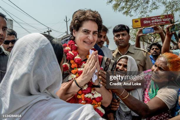 Congress Party's Priyanka Gandhi campaigns on the road for for India National Congress on March 29, 2019 in Utter Pradesh, India. Congress leader...