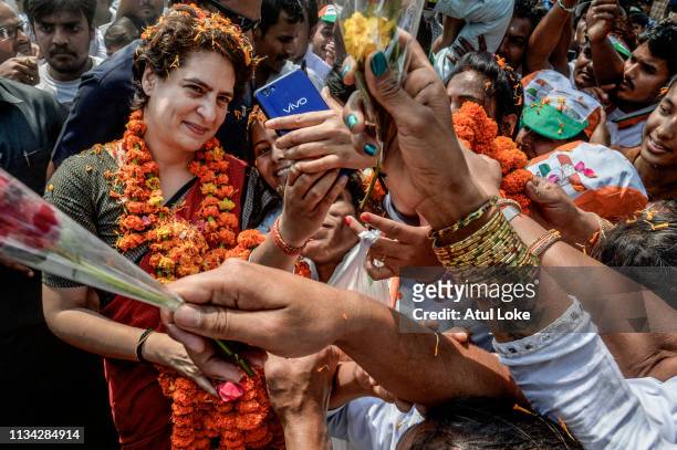 Congress Party's Priyanka Gandhi campaigns on the road for for India National Congress on March 29, 2019 in Utter Pradesh, India. Congress leader...