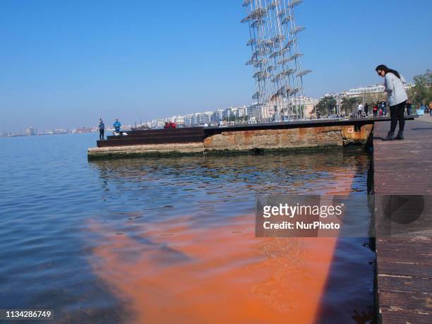 The red tide phenomenon in Greece Red tide phenomenon caused by algal blooms in Thessaloniki, Greece, on April 1 a discoloration of coastal waters...