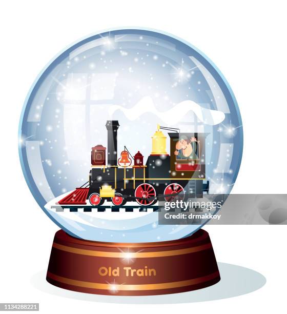 illustrazioni stock, clip art, cartoni animati e icone di tendenza di globo di neve e vecchio treno - snow ball glass
