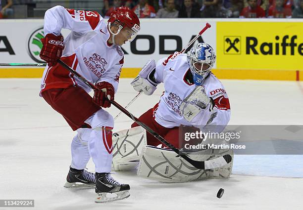 Patrick Galbraith, goaltender of Denmark saves the puck during the IIHF World Championship group D match between Czech Republic and Denmark at Orange...