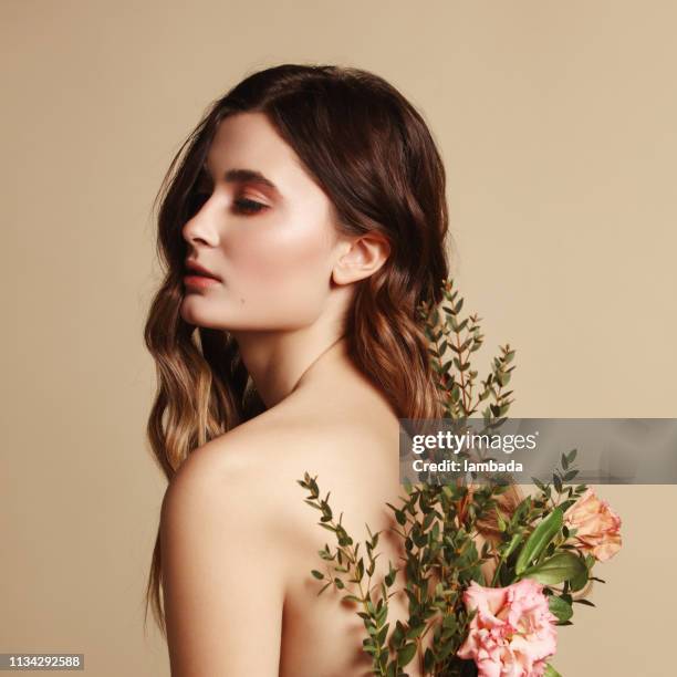 young beautiful girl and flowers - beauty face summer imagens e fotografias de stock