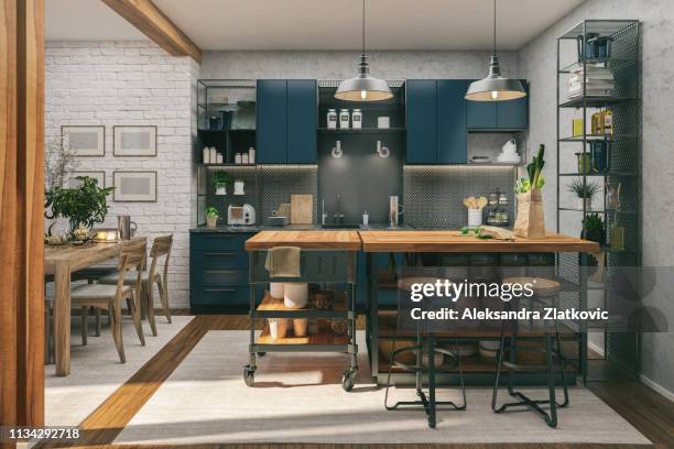 キッチンとダイニングルーム - modern blue background ストックフォトと画像