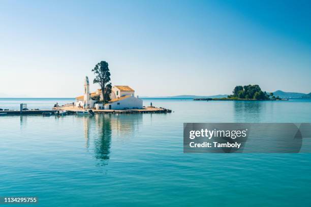 vlacherna monastery, rat island on background, corfu, kerkira, greece - ionian islands bildbanksfoton och bilder