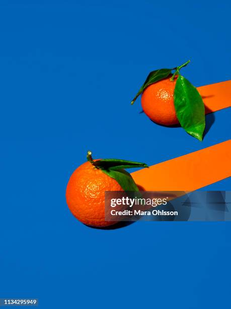 two oranges on vivid blue background with trailing orange stripes - pop foto e immagini stock