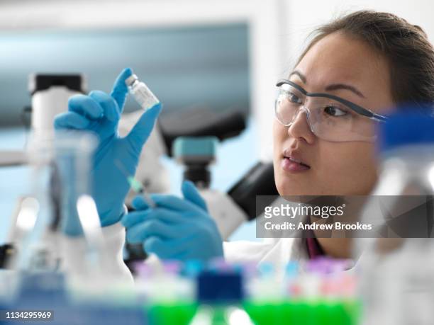 scientist preparing new vaccine drug in laboratory for a patient - drug test - fotografias e filmes do acervo