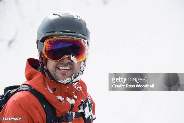 male skier in ski helmet and goggles with frosty beard, portrait, alpe-d'huez, rhone-alpes, france - frozen beard stock pictures, royalty-free photos & images