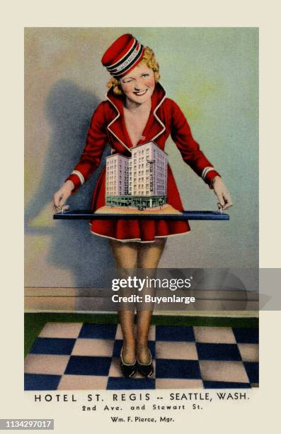 Postcard advertises the Hotel St Regis with an illustration of a bellhop as she holds a model of the hotel on her plater, 1950.