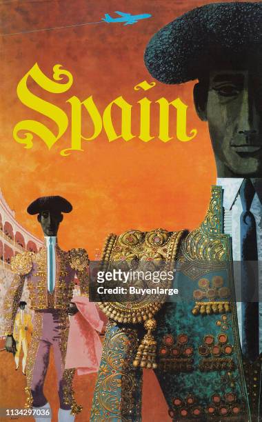 Travel poster , entitled 'Spain,' depicts a pair of bejeweled matadors, 1959.