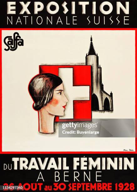 Poster promotes the Swiss Exhibition for Women's Work with an illustration of a woman's face in profile, the Swiss flag, and the Bern Minster, 1928....
