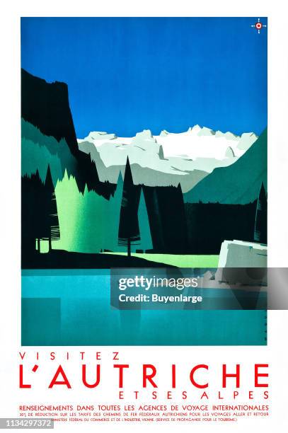 Travel poster promotes Austria and its Alps with an illustration a mountain lake and snow-capped peaks in the distance, 1935.