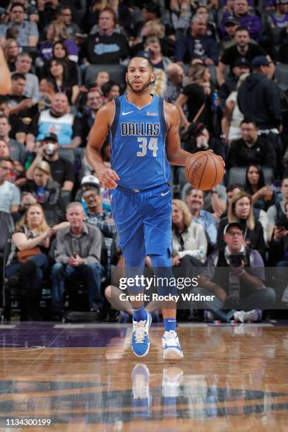 Devin Harris of the Dallas Mavericks brings the ball up the court against the Sacramento Kings on March 21, 2019 at Golden 1 Center in Sacramento,...