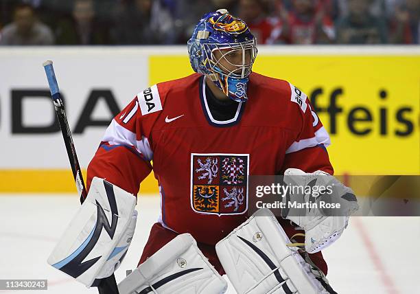 Ondrej Pavelec of Czech Republic looks on during the IIHF World Championship group D match between Czech Republic and Denmark at Orange Arena on May...