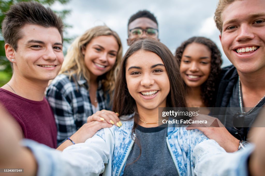 Amigos tirar uma selfie juntos fora