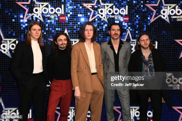 Tom Odgen, Charlie Salt, Joe Donovan, Josh Dewhurst and Miles Kellock of Blossoms attend The Global Awards 2019 at Eventim Apollo, Hammersmith on...