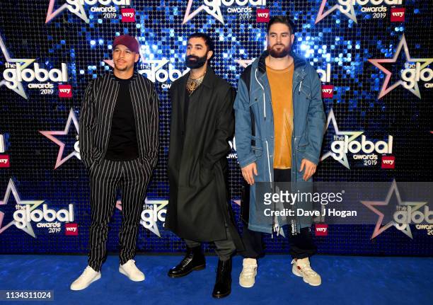 Kesi Dryden, Amir Amor and Piers Agget of Rudimental arrive at the The Global Awards with Very.co.uk at Eventim Apollo, Hammersmith on March 07, 2019...
