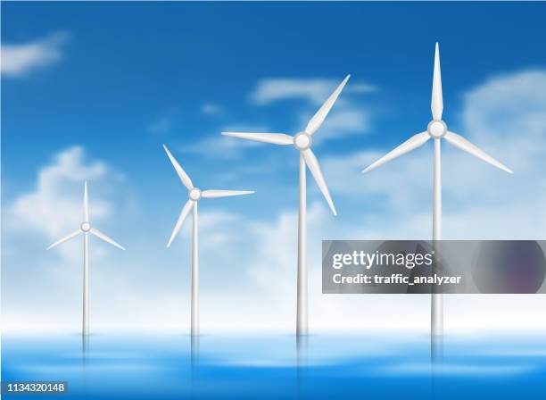 wind turbines in the water - wind farm sea stock illustrations