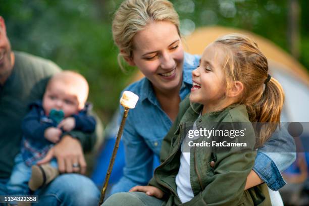 family roasting marshmallows in campground - canada summer stock pictures, royalty-free photos & images