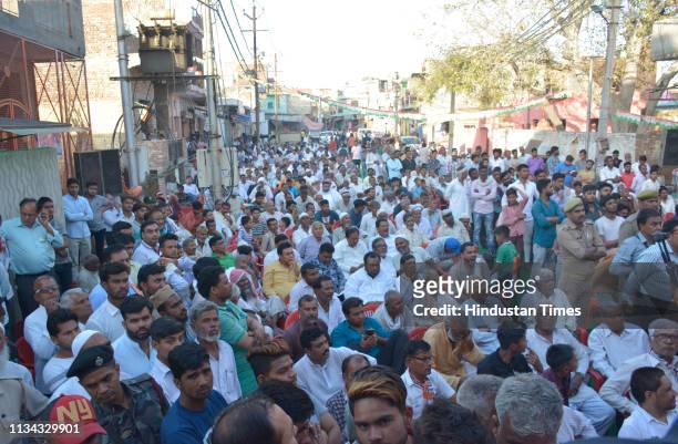 Crowd during an election rally in support of Ghaziabad Congress candidate Dolly Sharma at Murad Nagar on April 1, 2019 in Ghaziabad, India.