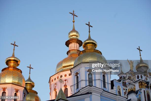 The golden domes of the Saint Michael's Monastery are seen in Kyvi, Ukraine on April 1, 2019.