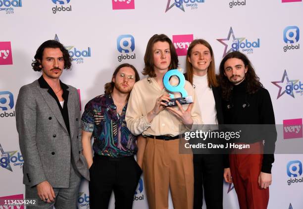 Charlie Salt, Joe Donovan, Tom Ogden, Myles Kellock and Josh Dewhurst of Blossoms win the Best Indie Award at the The Global Awards with Very.co.uk...