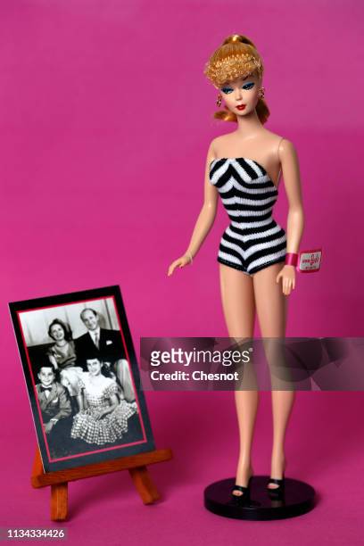 The first Barbie doll created in 1959 is displayed during an exhibition dedicated to the Barbie doll at "la Nef des jouets " on March 7, 2019 in...