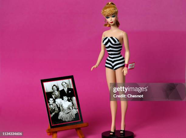 The first Barbie doll created in 1959 is displayed during an exhibition dedicated to the Barbie doll at "la Nef des jouets " on March 7, 2019 in...