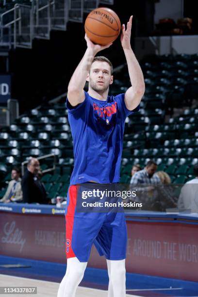 Jon Leuer of the Detroit Pistons warms up before the game against the Indiana Pacers on April 1, 2019 at Bankers Life Fieldhouse in Indianapolis,...