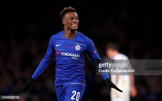 Callum Hudson-Odoi of Chelsea celebrates after scoring his team's third goal during the UEFA Europa League Round of 16 First Leg match between...