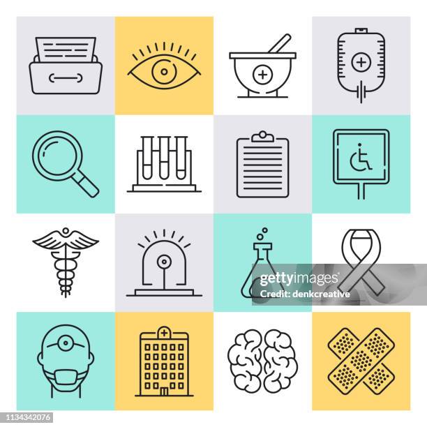 ilustraciones, imágenes clip art, dibujos animados e iconos de stock de primeros auxilios y tratamiento estilo esquema vector conjunto de iconos - curso de primeros auxilios