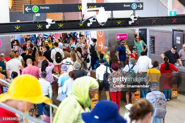 train station with crowd of people and commuters, copy space - circular quay stock pictures, royalty-free photos & images